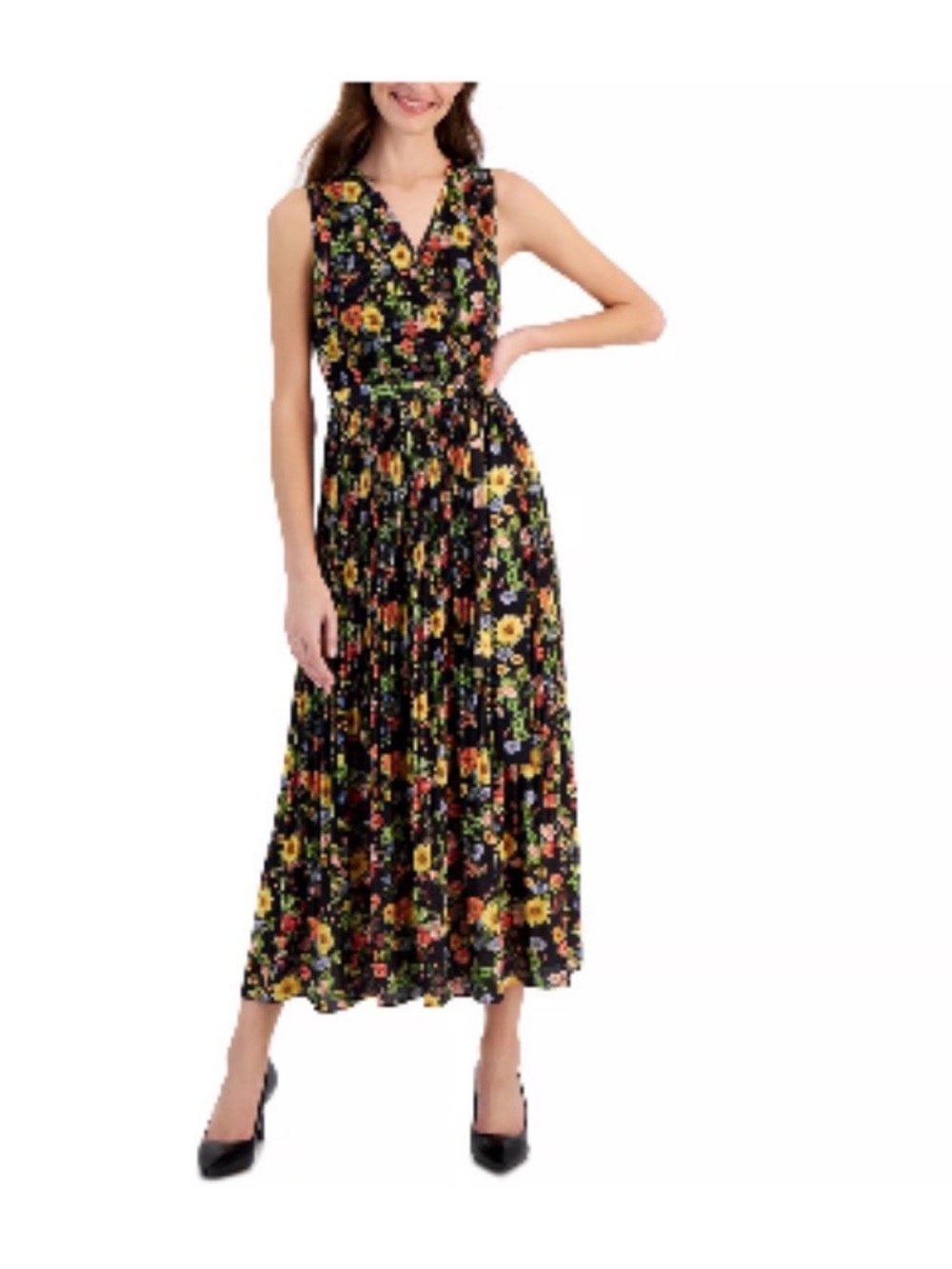 Tahari Black Floral V-Neck Sleeveless Maxi Dress